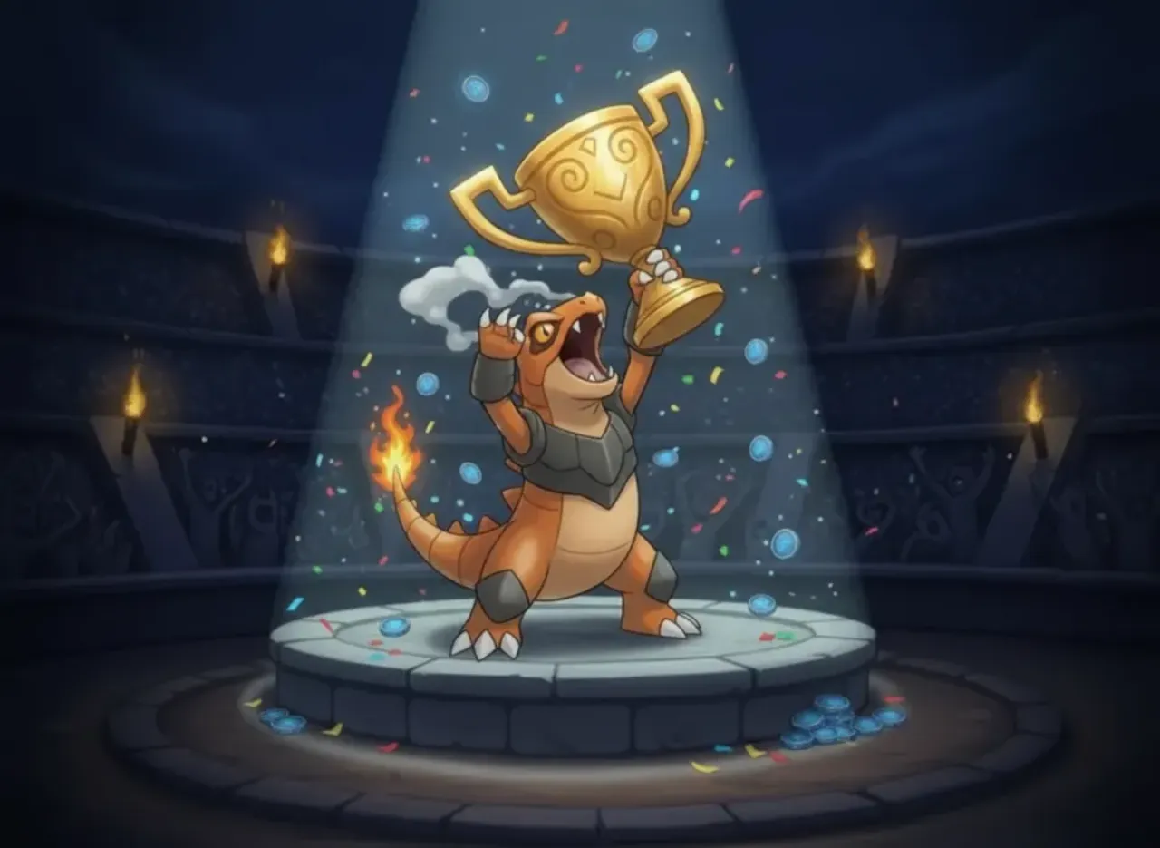 A champion monster lifting a trophy